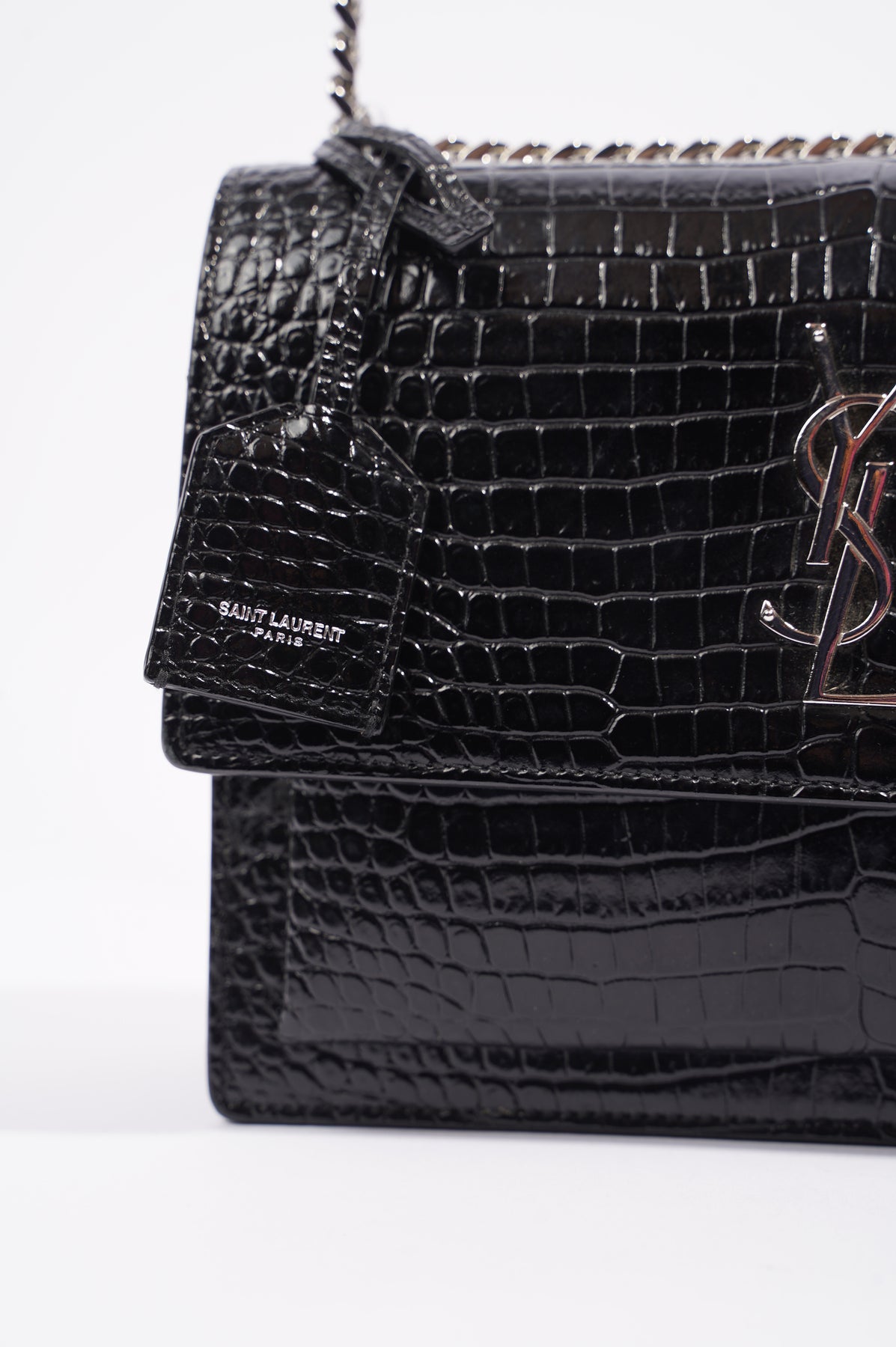 Saint Laurent Sunset Crocodile Embossed Black Leather Medium Crossbody Bag  - Chronostore