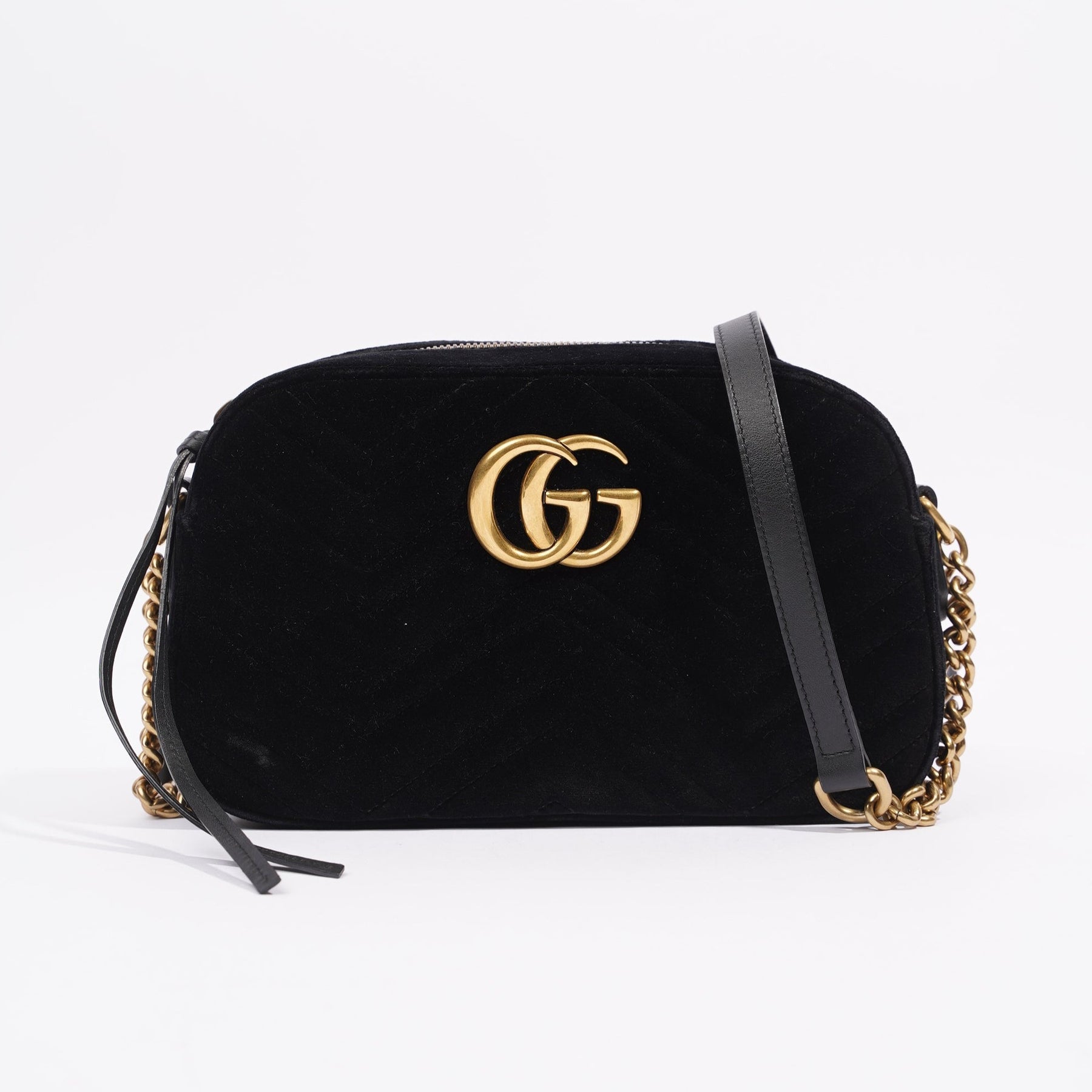 Gucci Black Quilted Velvet GG Marmont Mini Crossbody Bag - Yoogi's