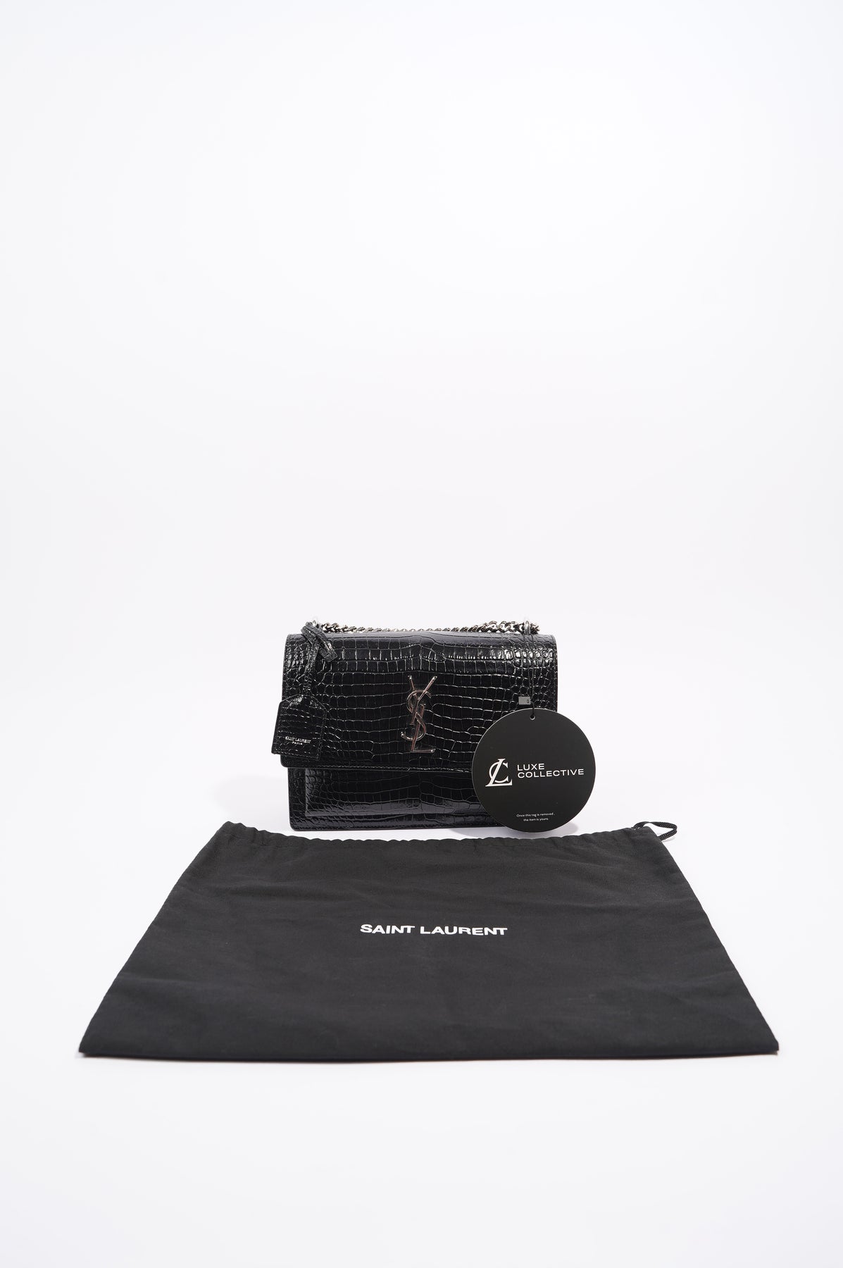 Saint Laurent Sunset Crocodile Embossed Black Leather Medium Crossbody Bag  - Chronostore