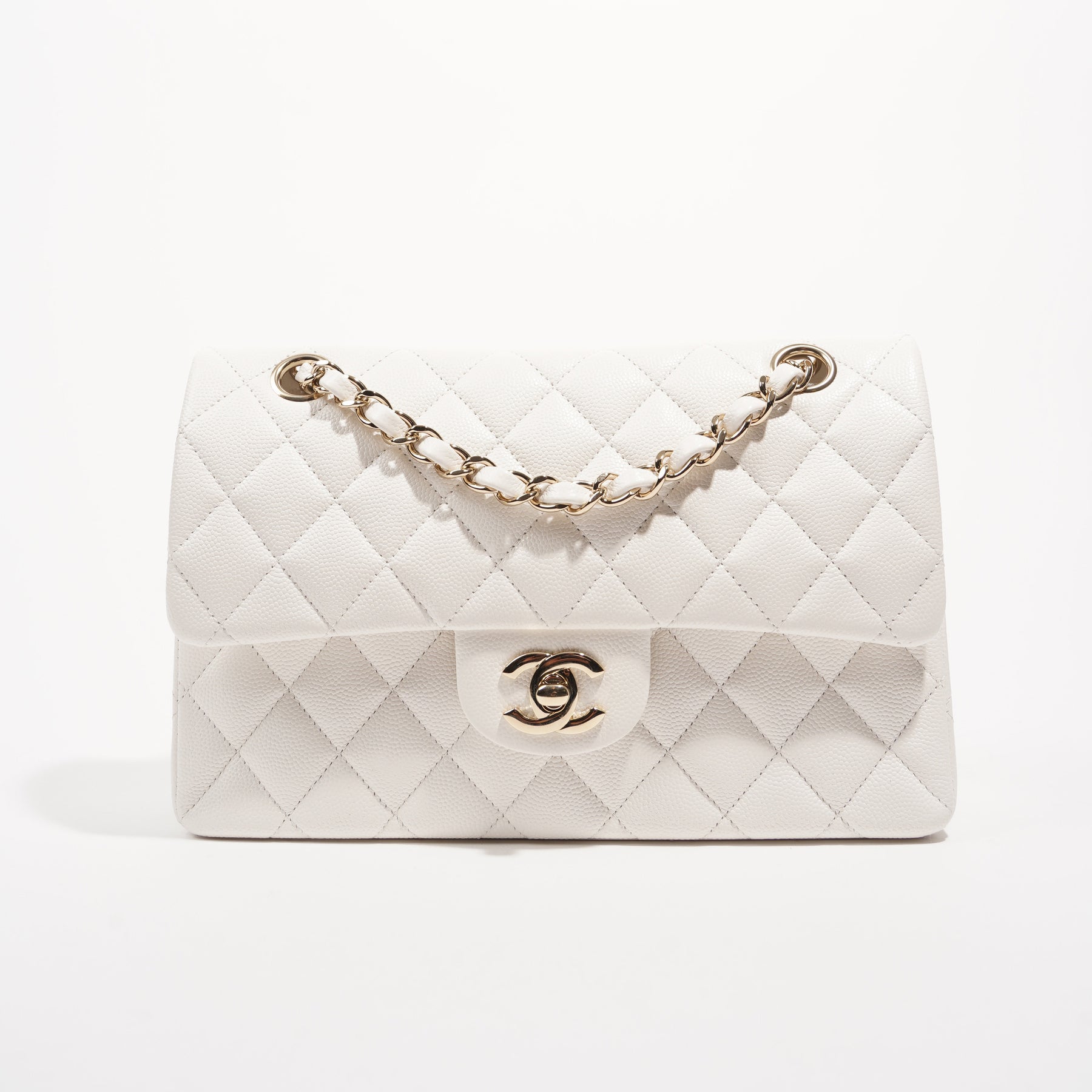 Chanel White Quilted Caviar Small Classic Double Flap Bag Light