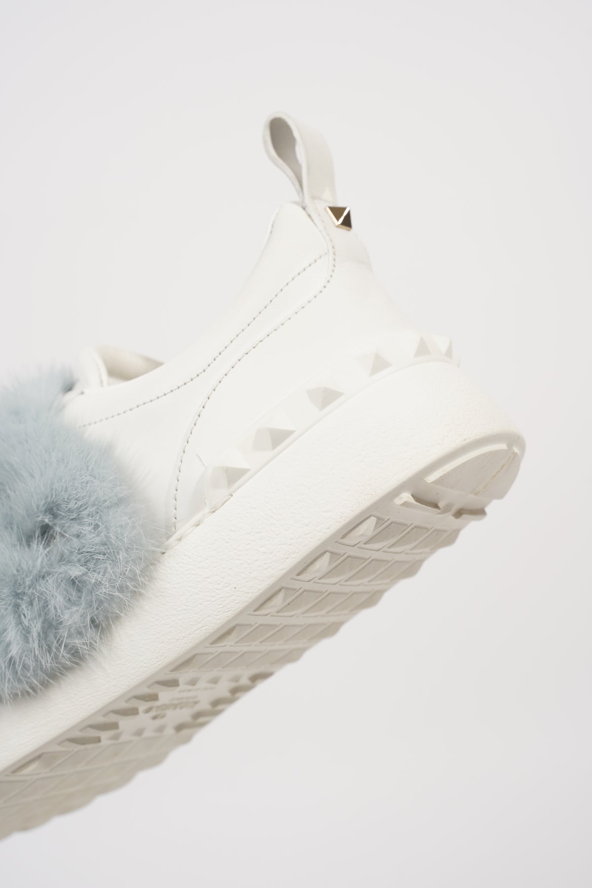 Valentino Womens Rockstud Mink Fur Sneaker White Baby Blue EU 40