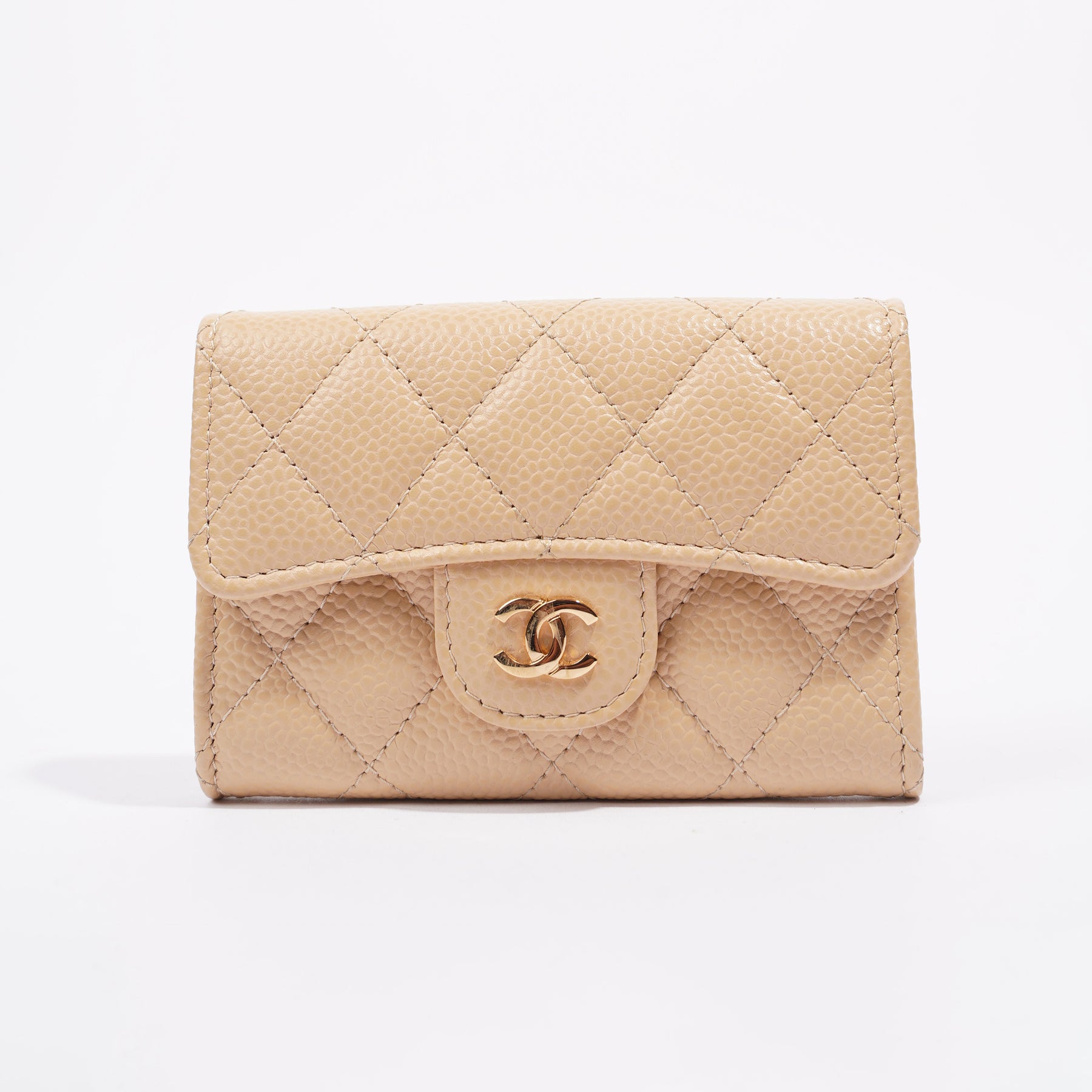 Chanel Flap Card holder Beige Quilted Caviar with gold hardware