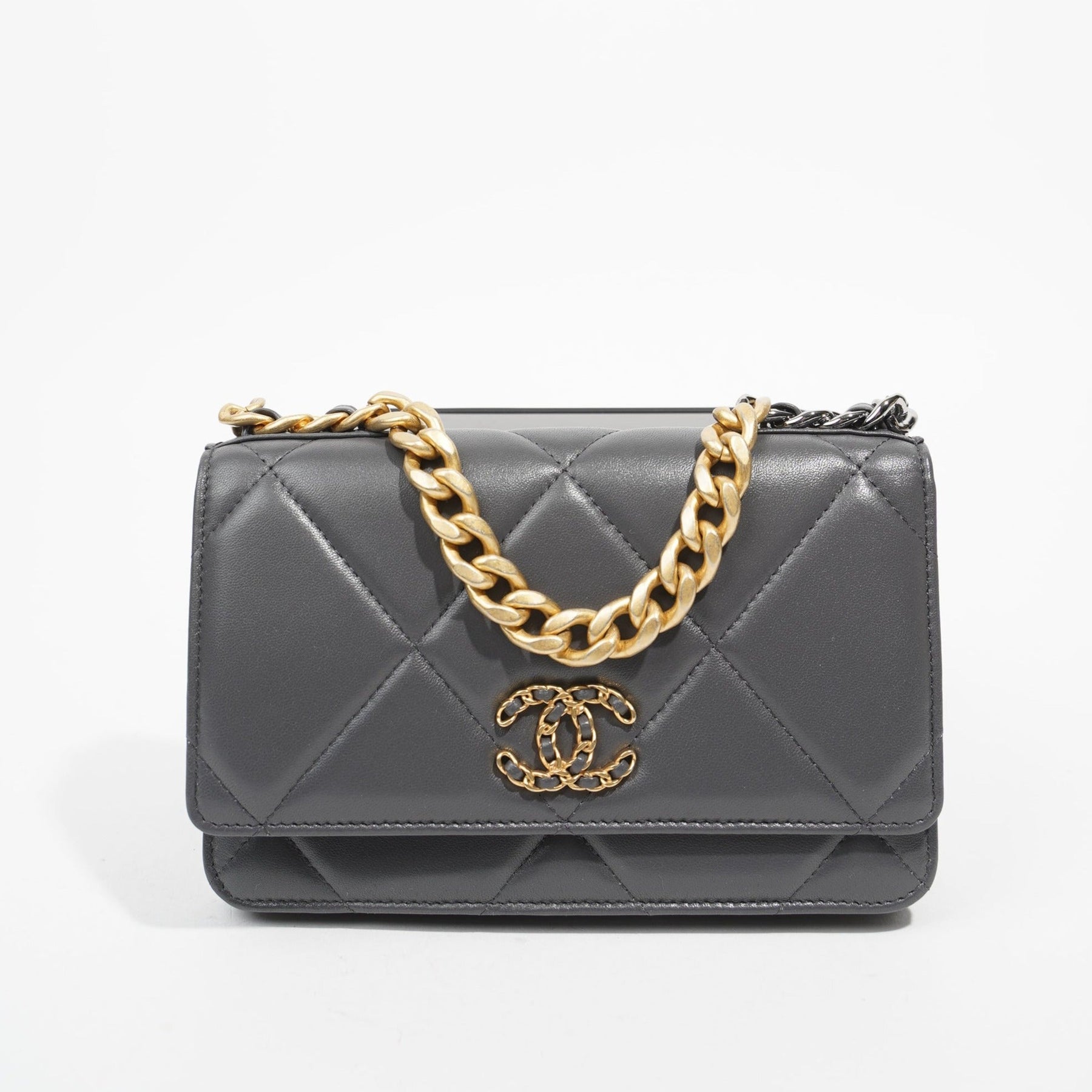 CHANEL Metallic Goatskin Quilted Chanel 19 Wallet On Chain WOC Gold   FASHIONPHILE  Chanel 19 wallet on chain Stylish shoulder bag Chanel 19